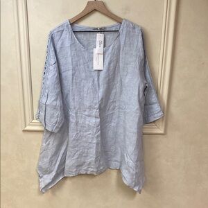 Valentina Naldi 100% Linen Top Crochet Sleeve Lagenlook Italy Gray SZ 1X New